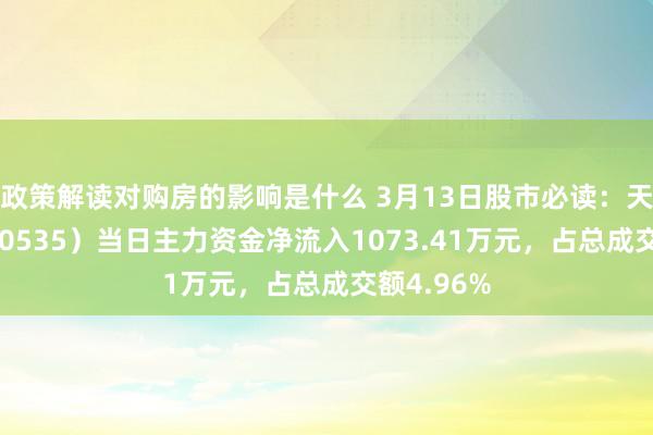 政策解读对购房的影响是什么 3月13日股市必读：天士力（600535）当日主力资金净流入1073.41万元，占总成交额4.96%